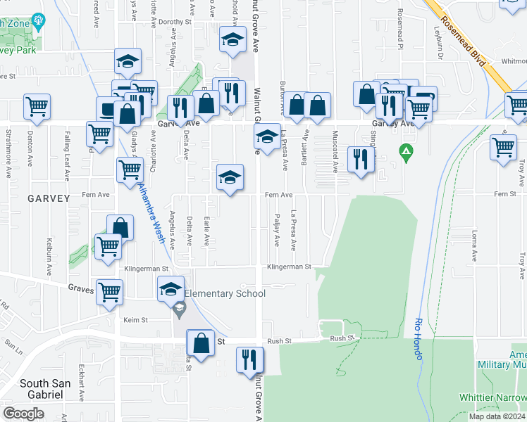 map of restaurants, bars, coffee shops, grocery stores, and more near 2502 Walnut Grove Avenue in Rosemead