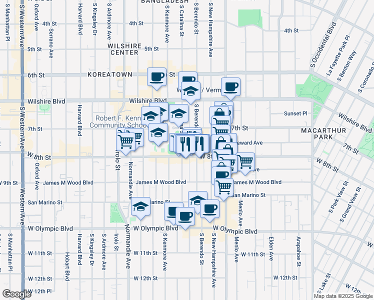 map of restaurants, bars, coffee shops, grocery stores, and more near 3100 West 8th Street in Los Angeles
