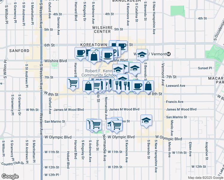 map of restaurants, bars, coffee shops, grocery stores, and more near 3242 West 8th Street in Los Angeles