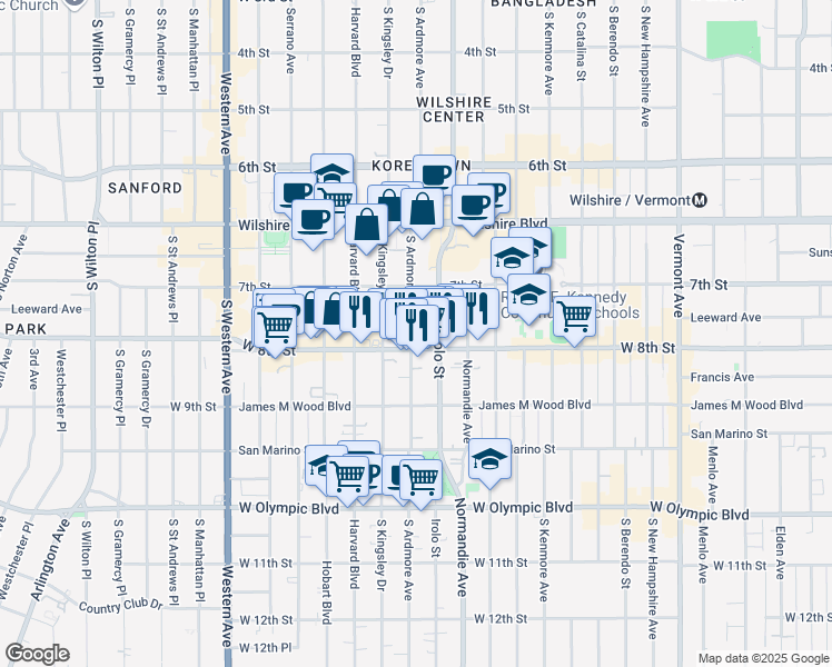 map of restaurants, bars, coffee shops, grocery stores, and more near 807 South Ardmore Avenue in Los Angeles