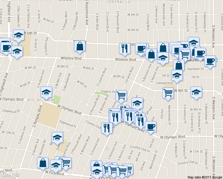 map of restaurants, bars, coffee shops, grocery stores, and more near 892 South Windsor Boulevard in Los Angeles