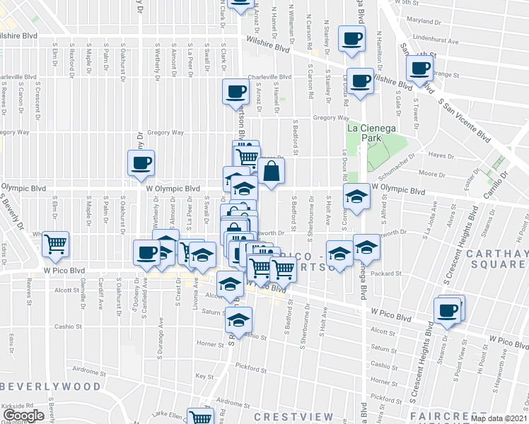map of restaurants, bars, coffee shops, grocery stores, and more near 1060 South Shenandoah Street in Los Angeles