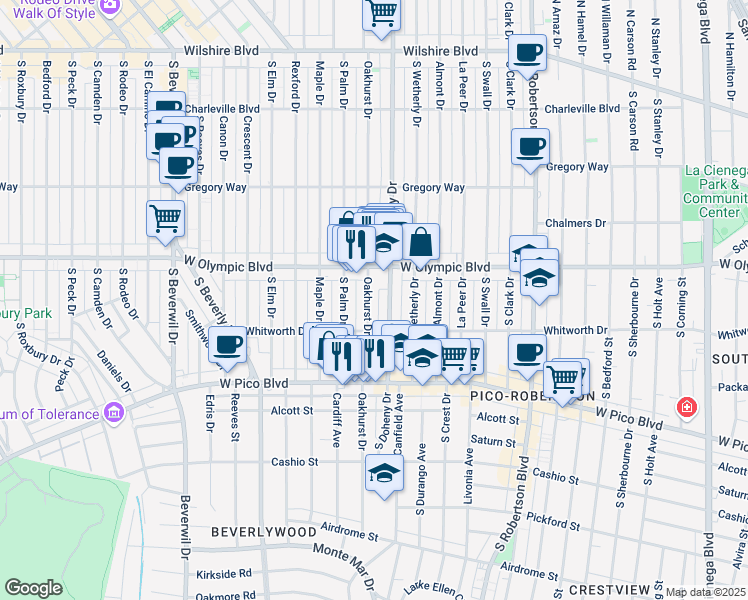 map of restaurants, bars, coffee shops, grocery stores, and more near 454 South Oakhurst Drive in Beverly Hills