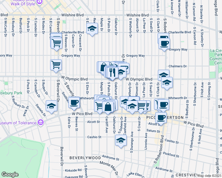 map of restaurants, bars, coffee shops, grocery stores, and more near 461 1/2 South Palm Drive in Beverly Hills