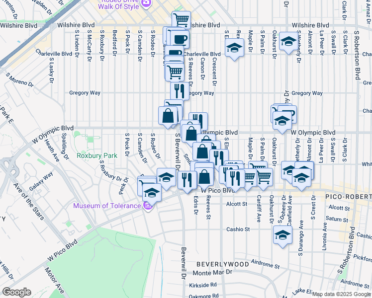 map of restaurants, bars, coffee shops, grocery stores, and more near 458 Smithwood Drive in Beverly Hills