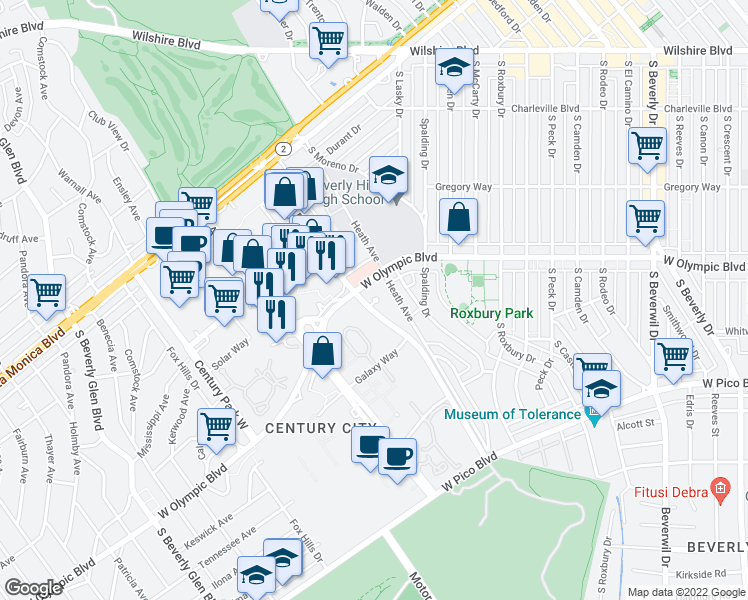 map of restaurants, bars, coffee shops, grocery stores, and more near 10101 Galaxy Way in Los Angeles
