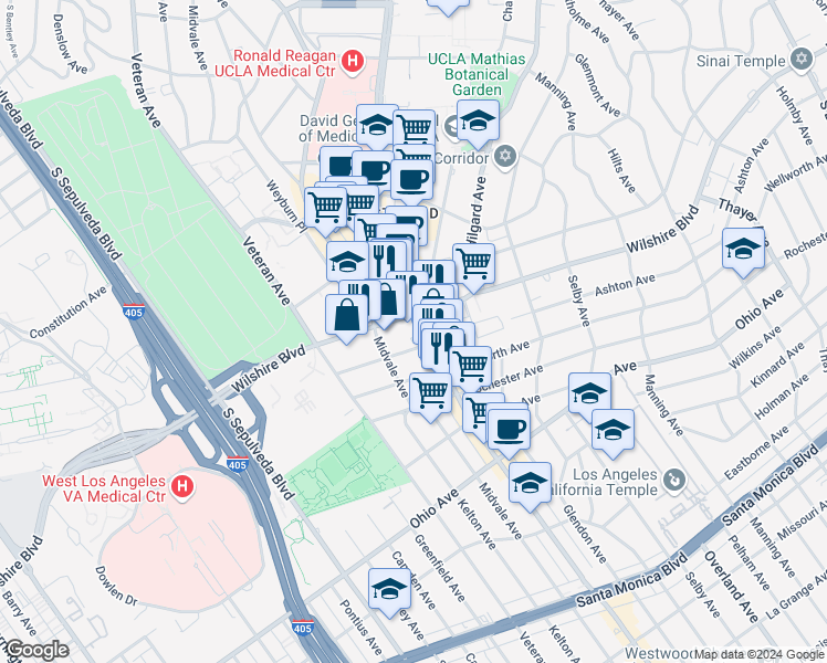 map of restaurants, bars, coffee shops, grocery stores, and more near 10933 Ashton Avenue in Los Angeles