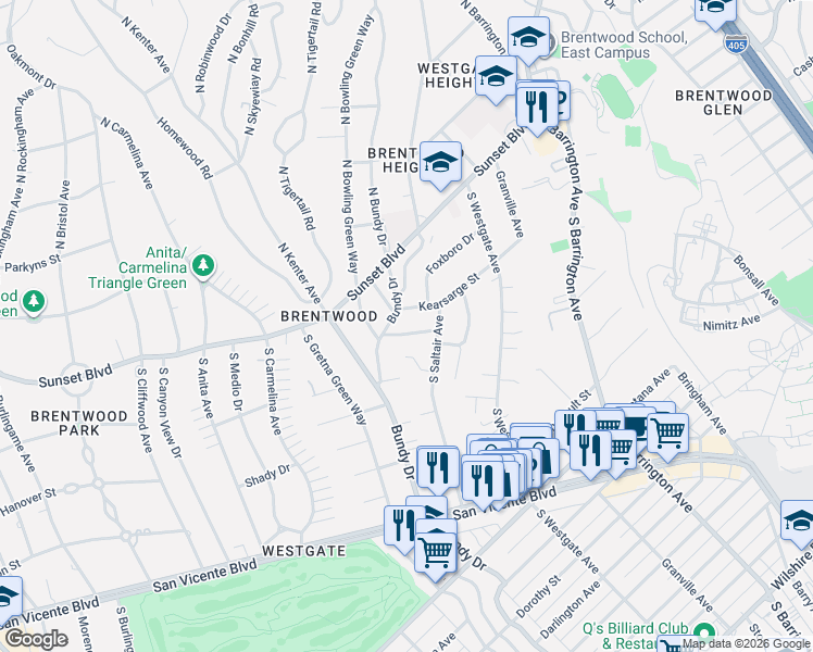map of restaurants, bars, coffee shops, grocery stores, and more near 301 South Saltair Avenue in Los Angeles