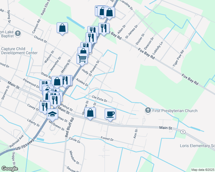 map of restaurants, bars, coffee shops, grocery stores, and more near 4824 Holly Street in Loris