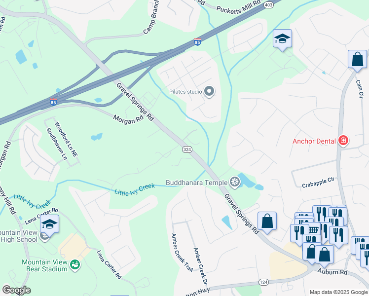 map of restaurants, bars, coffee shops, grocery stores, and more near 2312 Gravel Springs Road in Buford
