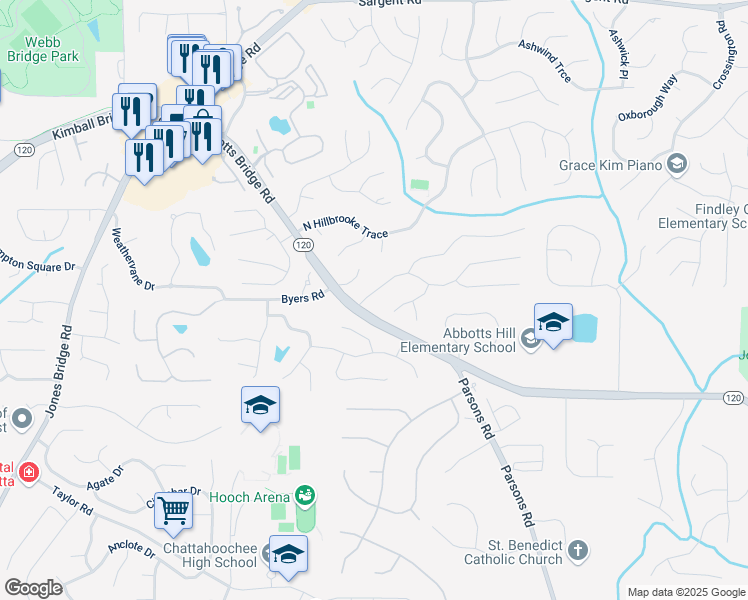 map of restaurants, bars, coffee shops, grocery stores, and more near 115 Westbury Lane in Alpharetta