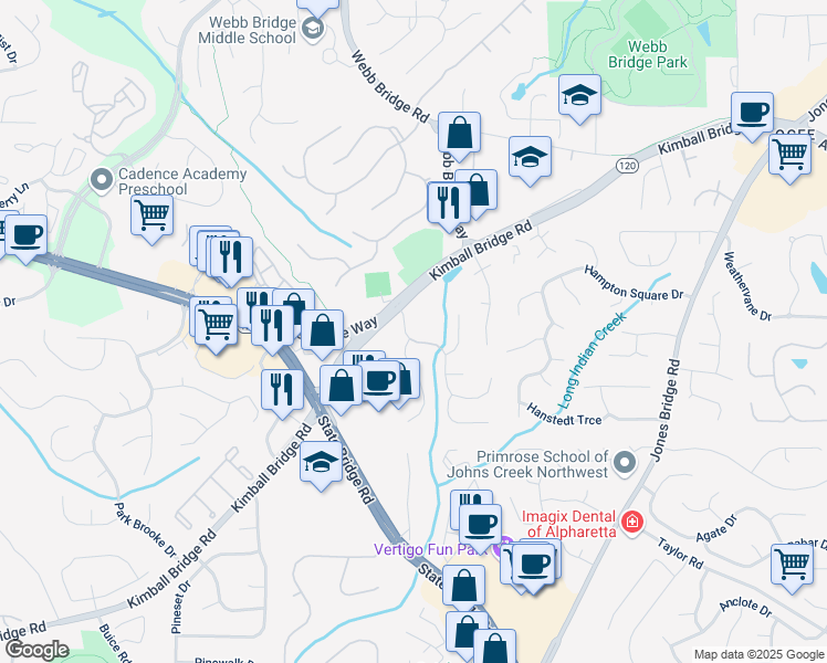 map of restaurants, bars, coffee shops, grocery stores, and more near 11395 Brookhollow Trail in Alpharetta
