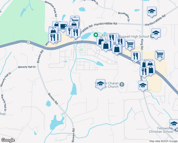 map of restaurants, bars, coffee shops, grocery stores, and more near 4201 Village Green Drive in Roswell