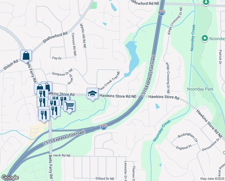 map of restaurants, bars, coffee shops, grocery stores, and more near 92 Hawkins Store Road Northeast in Kennesaw