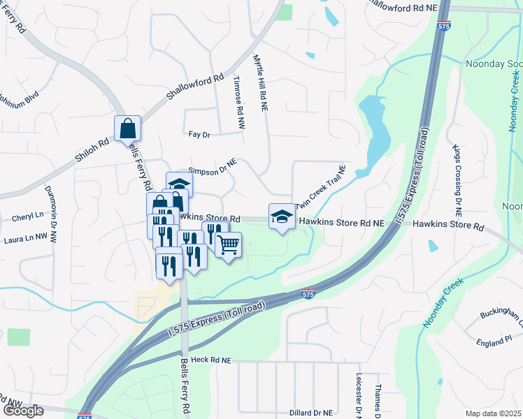 map of restaurants, bars, coffee shops, grocery stores, and more near 46 Hawkins Store Road Northwest in Kennesaw