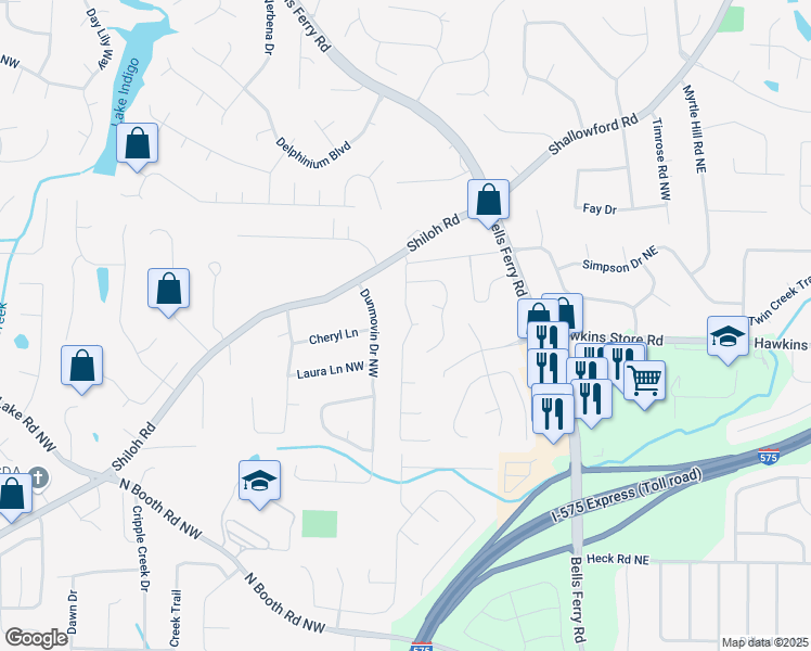 map of restaurants, bars, coffee shops, grocery stores, and more near 4381 Laurian Drive Northwest in Kennesaw