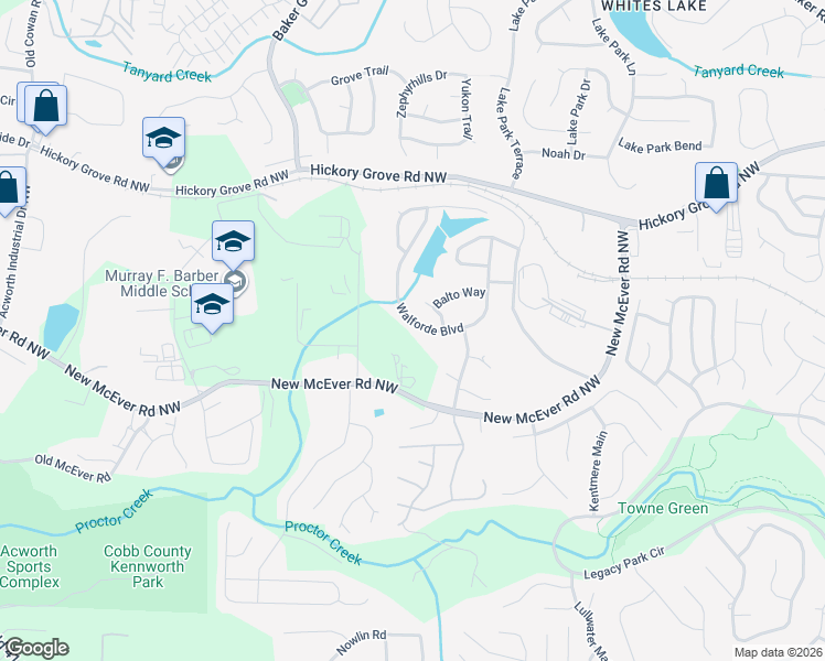 map of restaurants, bars, coffee shops, grocery stores, and more near 4361 Walforde Boulevard in Acworth