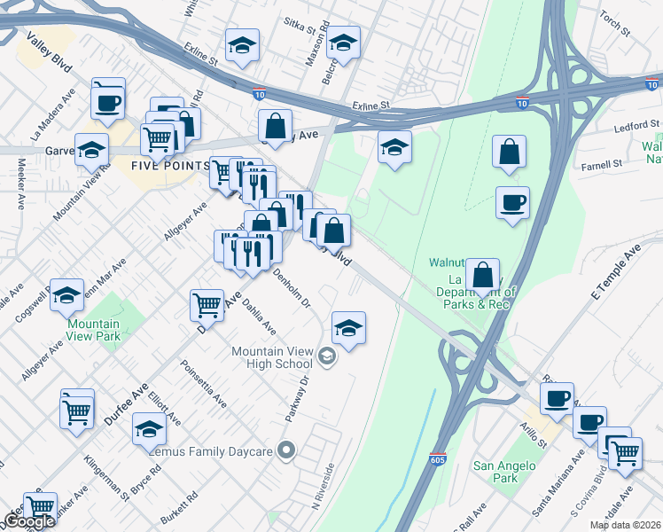 map of restaurants, bars, coffee shops, grocery stores, and more near 12368 Valley Boulevard in El Monte
