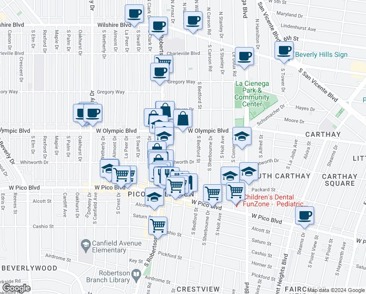 map of restaurants, bars, coffee shops, grocery stores, and more near 1037 South Shenandoah Street in Los Angeles