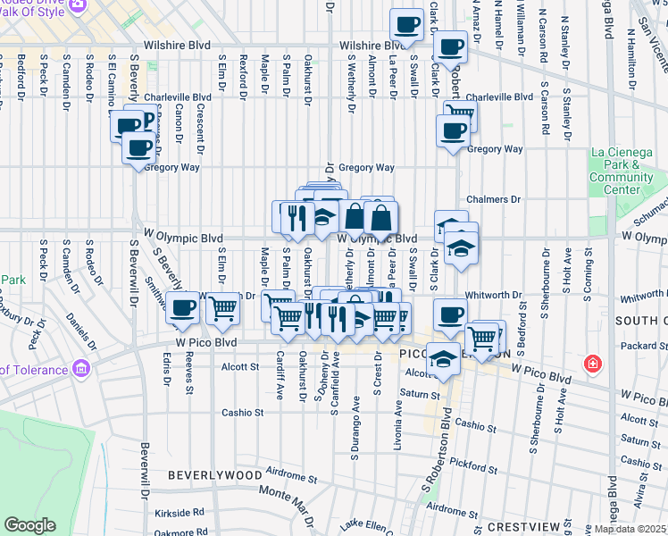map of restaurants, bars, coffee shops, grocery stores, and more near 428 South Doheny Drive in Beverly Hills