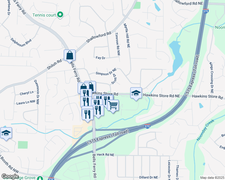 map of restaurants, bars, coffee shops, grocery stores, and more near 118 Hawkins Store Road Northeast in Kennesaw