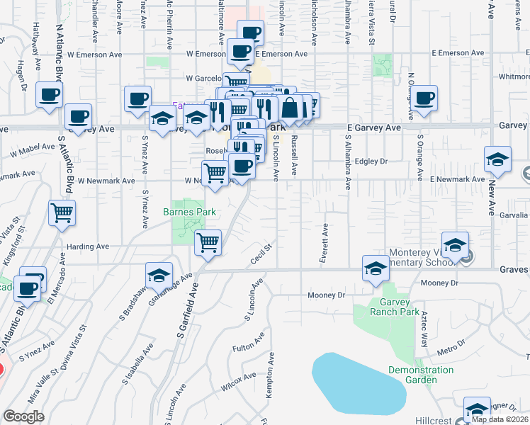 map of restaurants, bars, coffee shops, grocery stores, and more near 123 Susan Way in Monterey Park