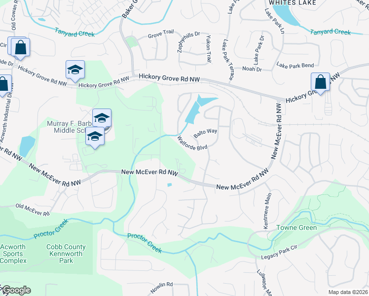 map of restaurants, bars, coffee shops, grocery stores, and more near 4361 Walforde Blvd in Acworth