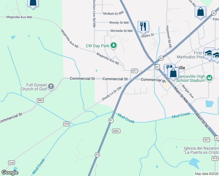 map of restaurants, bars, coffee shops, grocery stores, and more near 114 Sunnyside Drive Southwest in Hanceville