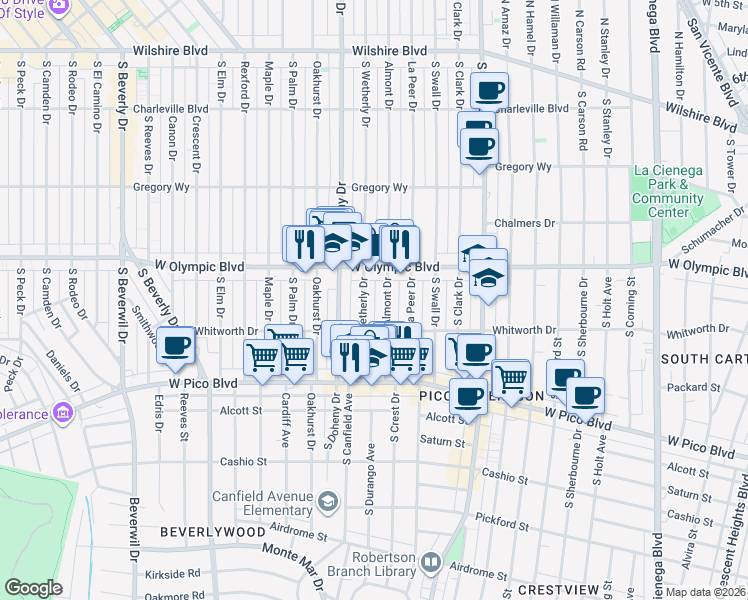 map of restaurants, bars, coffee shops, grocery stores, and more near 451 South La Peer Drive in Beverly Hills