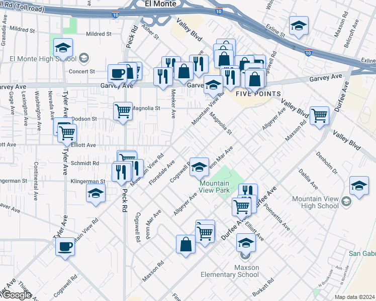map of restaurants, bars, coffee shops, grocery stores, and more near 11937 Elliott Avenue in El Monte