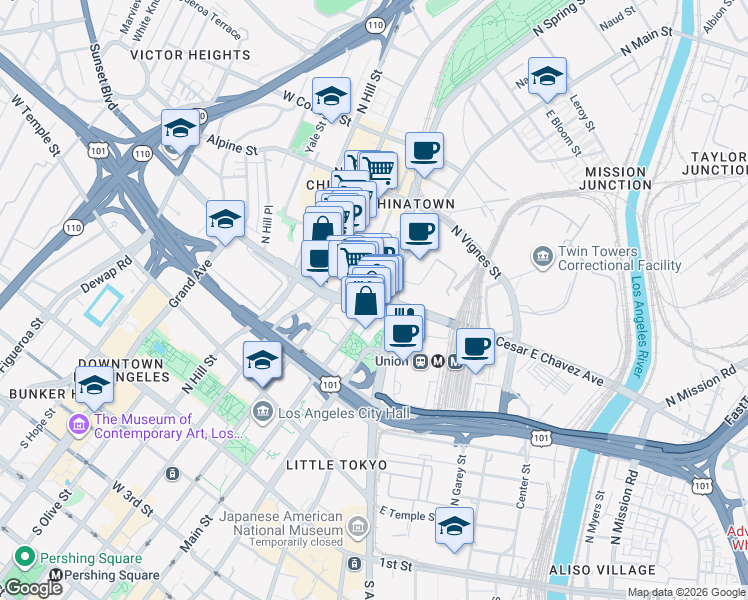 map of restaurants, bars, coffee shops, grocery stores, and more near 2 East Cesar E Chavez Avenue in Los Angeles