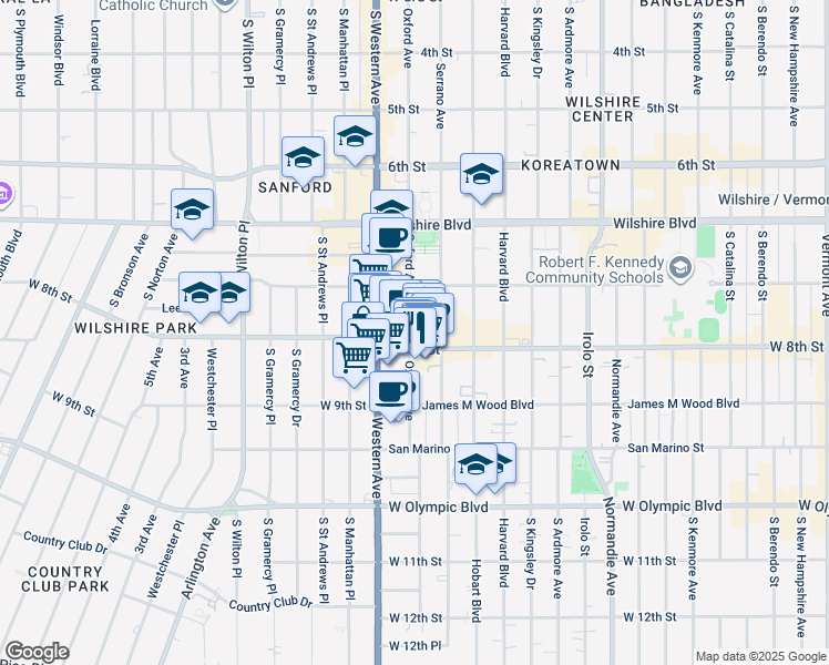 map of restaurants, bars, coffee shops, grocery stores, and more near 3550 West 8th Street in Los Angeles