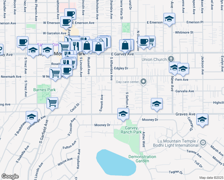 map of restaurants, bars, coffee shops, grocery stores, and more near South Alhambra Avenue & Peach Street in Monterey Park