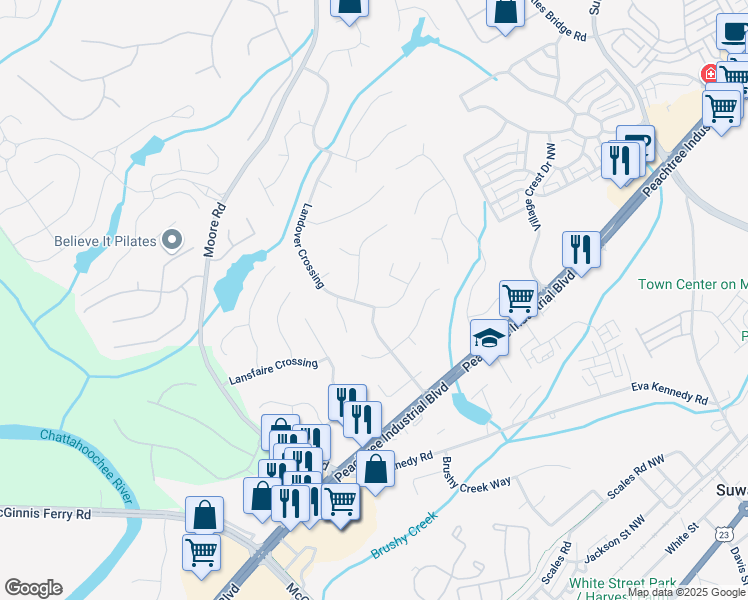 map of restaurants, bars, coffee shops, grocery stores, and more near 1060 Landover Crossing in Suwanee