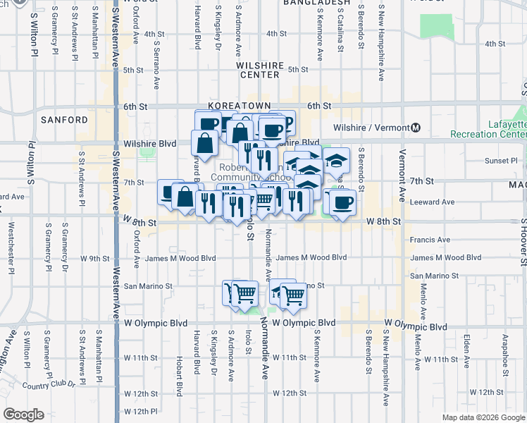 map of restaurants, bars, coffee shops, grocery stores, and more near in Los Angeles