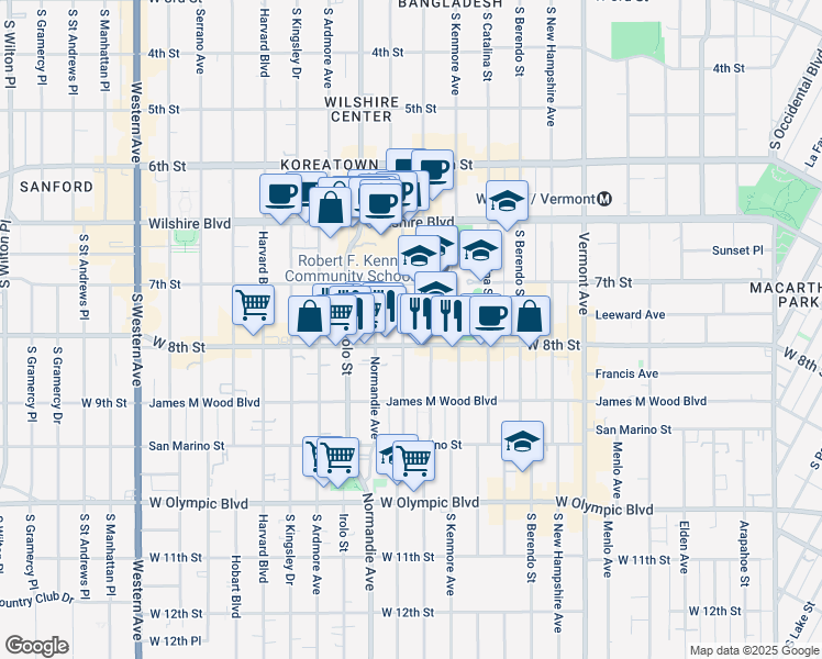 map of restaurants, bars, coffee shops, grocery stores, and more near 750 South Mariposa Avenue in Los Angeles