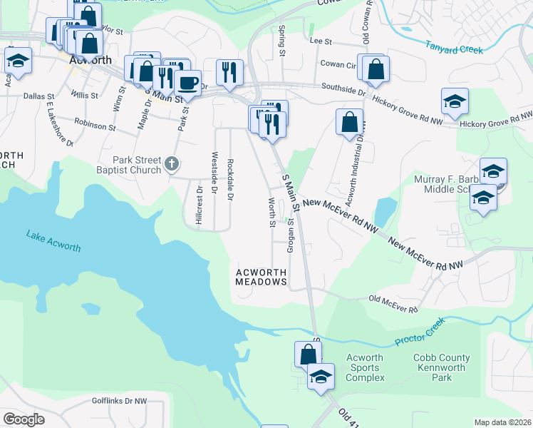map of restaurants, bars, coffee shops, grocery stores, and more near 4259 Worth Street in Acworth