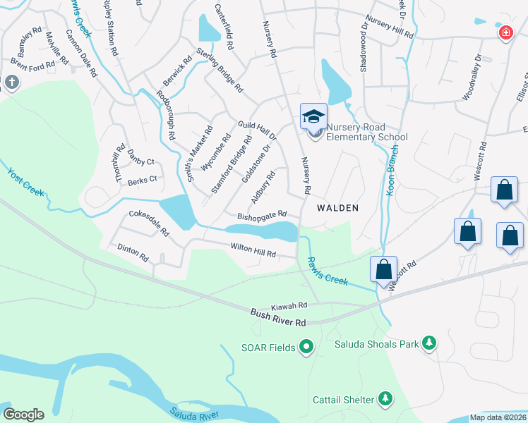 map of restaurants, bars, coffee shops, grocery stores, and more near 207 Bishopgate Road in Columbia
