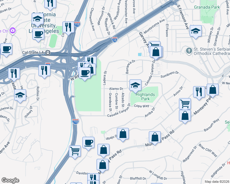 map of restaurants, bars, coffee shops, grocery stores, and more near 431 Cumbre Street in Monterey Park