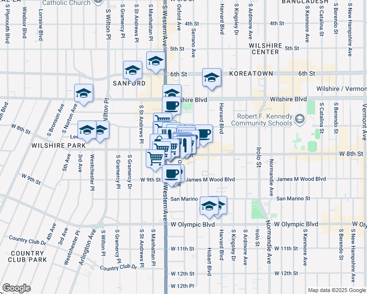 map of restaurants, bars, coffee shops, grocery stores, and more near 750 South Oxford Avenue in Los Angeles