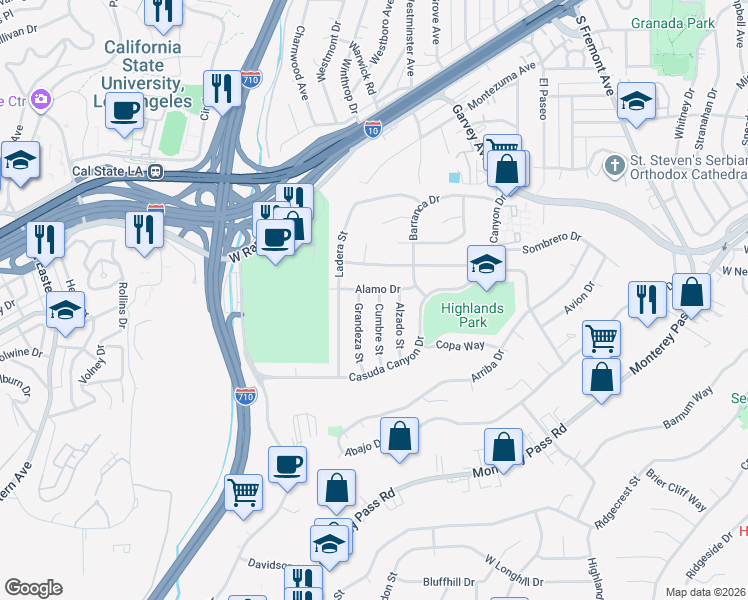 map of restaurants, bars, coffee shops, grocery stores, and more near 431 Cumbre Street in Monterey Park