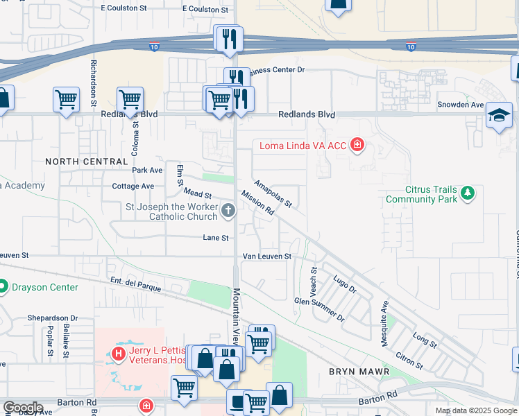 map of restaurants, bars, coffee shops, grocery stores, and more near 25775 Mission Road in Loma Linda