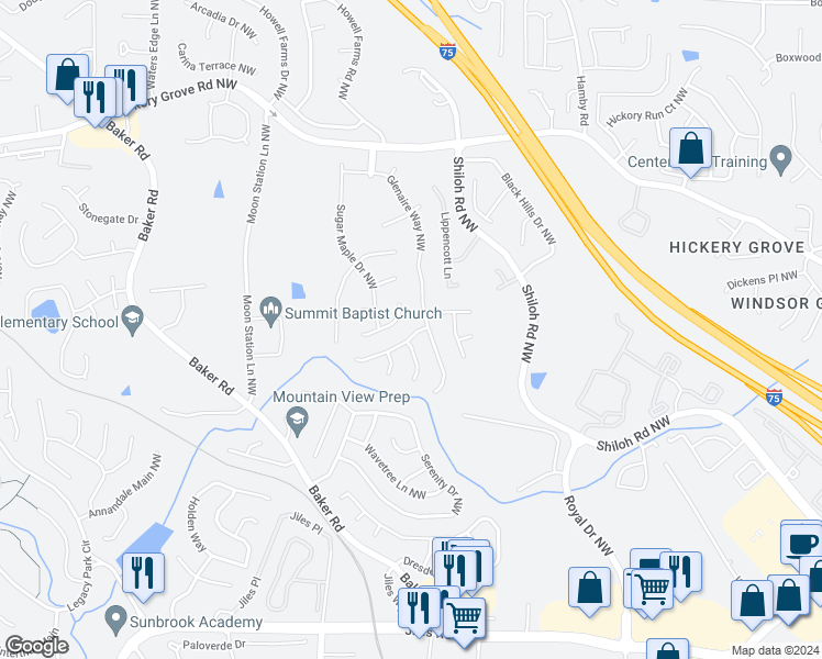 map of restaurants, bars, coffee shops, grocery stores, and more near 2078 Clearvista Drive Northwest in Acworth