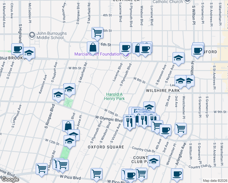 map of restaurants, bars, coffee shops, grocery stores, and more near 901 South Plymouth Boulevard in Los Angeles