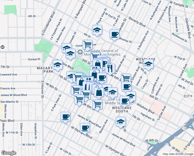 map of restaurants, bars, coffee shops, grocery stores, and more near 2007 Wilshire Boulevard in Los Angeles