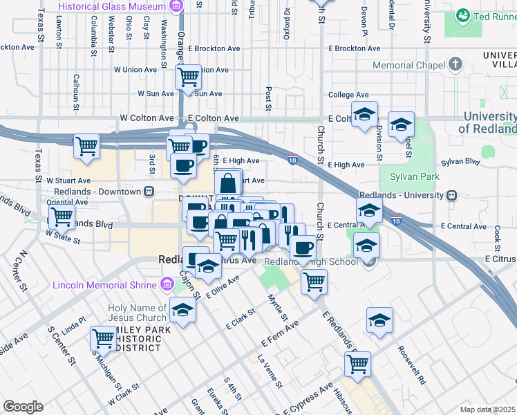 map of restaurants, bars, coffee shops, grocery stores, and more near 509 East Central Avenue in Redlands