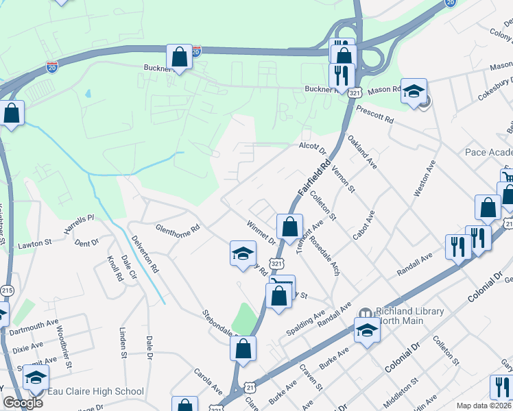 map of restaurants, bars, coffee shops, grocery stores, and more near 5313 Fairfield Road in Columbia