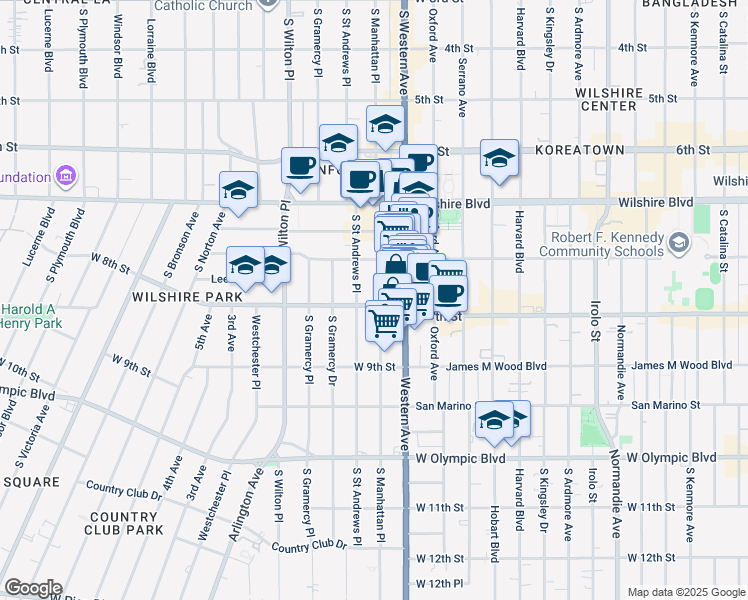 map of restaurants, bars, coffee shops, grocery stores, and more near 718 South Saint Andrews Place in Los Angeles