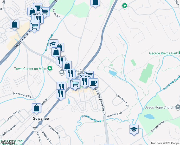 map of restaurants, bars, coffee shops, grocery stores, and more near 3995 Cherokee Trail in Suwanee