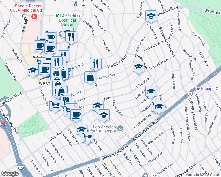 map of restaurants, bars, coffee shops, grocery stores, and more near 10703 Rochester Avenue in Los Angeles